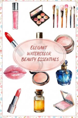 Elegant Watercolor Beauty Essentials Clipart - watercolor, beauty, makeup