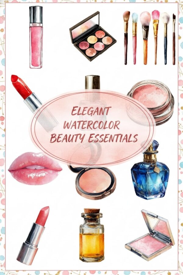 Elegant Watercolor Beauty Essentials Clipart Elegant Watercolor Beauty Essentials Clipart - watercolor, beauty, makeup
