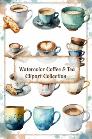 Watercolor Coffee & Tea Cups Clipart Bundle - coffee, tea, cup
