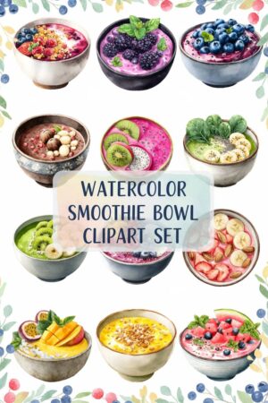 Watercolor Smoothie Bowl Clipart Collection - smoothie, bowl, watercolor