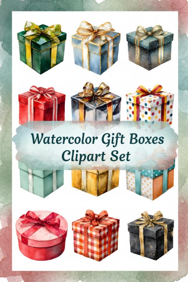 Beautiful Watercolor Gift Boxes Clipart - Festive Presents Collection - gifts, boxes, presents