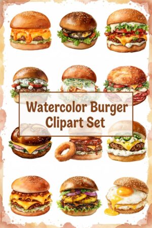 Watercolor Burger Clipart Set - Delicious Hand-Painted Fast Food Graphics - burger, watercolor, clipart