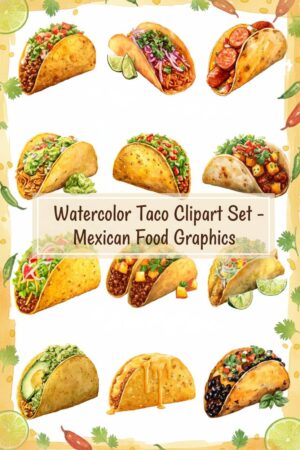 Watercolor Taco Clipart Set - Delicious Mexican Food Graphics - taco, watercolor, clipart