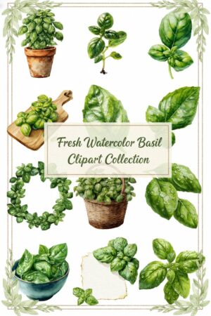 Vibrant Watercolor Basil Clipart Set - basil, watercolor, clipart