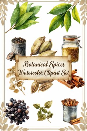 Aromatic Botanical Spices Watercolor Clipart Set - spices, watercolor, clipart