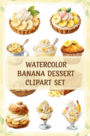 Sweet Banana Desserts Watercolor Clipart Set - banana, dessert, tart