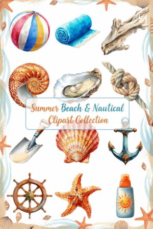 Coastal Dreams Digital Watercolor Clipart - summer, beach, nautical