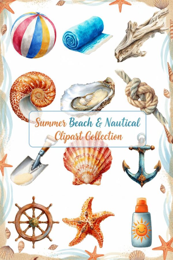 Coastal Dreams Digital Watercolor Clipart - summer, beach, nautical