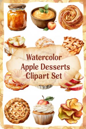 Delicious Apple Desserts Watercolor Clipart Collection - apple, dessert, pie