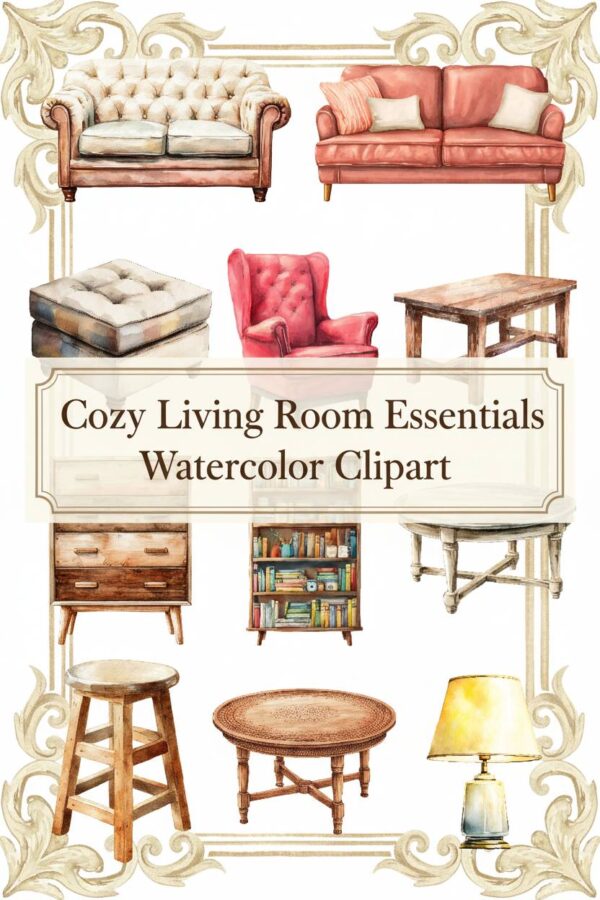 Charming Watercolor Living Room Clipart Collection Cozy Living Room Watercolor Clipart Collection - watercolor, clipart, livingroom