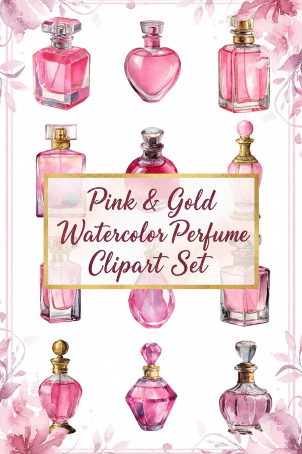 Pink Watercolor Perfume Bottles Clipart Set - perfume, bottle, pink