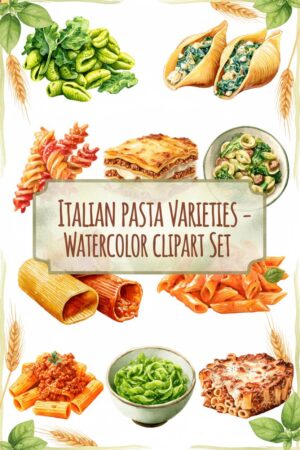 Watercolor Italian Pasta Varieties Clipart Set - pasta, italian, watercolor