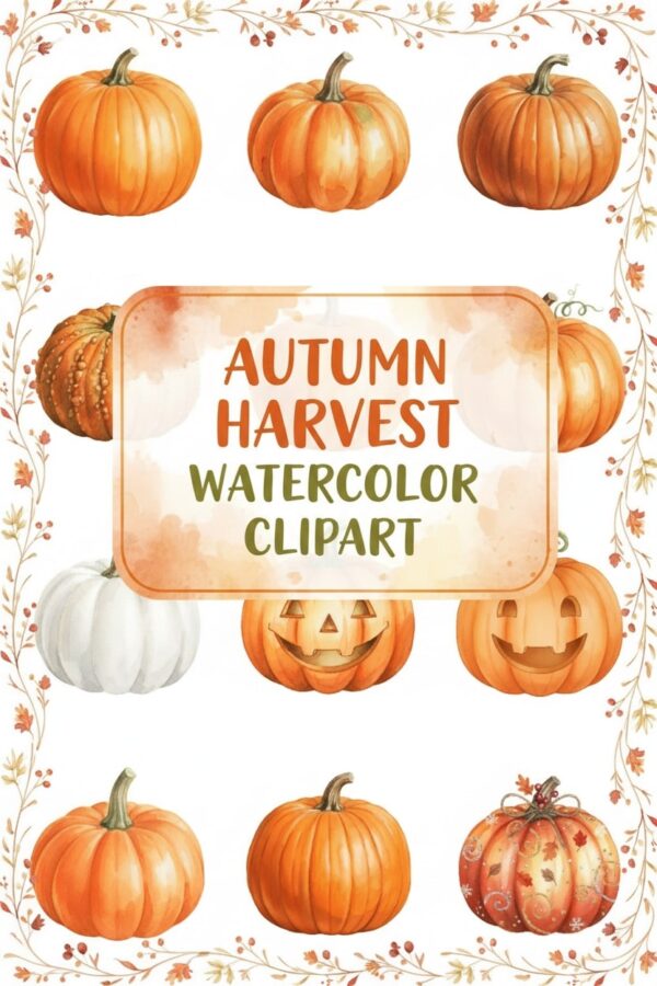 Enchanting Autumn Harvest Watercolor Pumpkin Clipart - autumn, fall, pumpkin