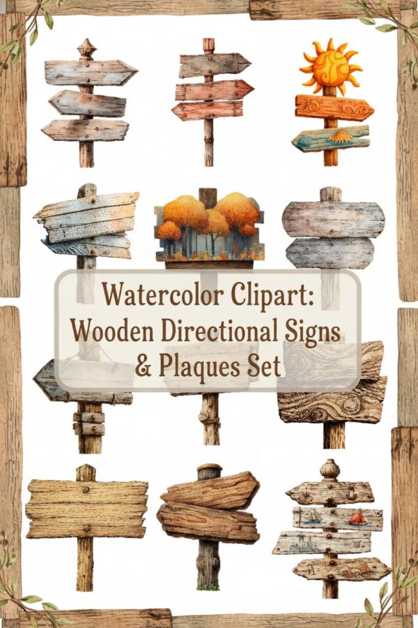 Rustic Wooden Directional Signs & Plaque Clipart Set - signs, wood, rustic
