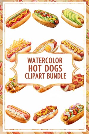 Delicious Watercolor Hot Dog Clipart Bundle - hotdog, food, bun