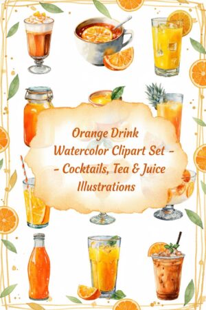 Orange Drink Watercolor Clipart Set - Cocktails, Tea & Juice Illustrations - orange, drink, cocktail