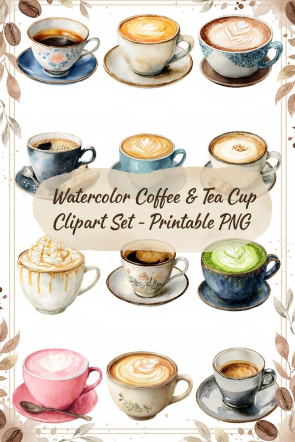 Beautiful Watercolor Coffee and Tea Cup Clipart Set Elegant Coffee & Tea Cups Clipart Set | High Quality PNGs - coffee, tea, cup