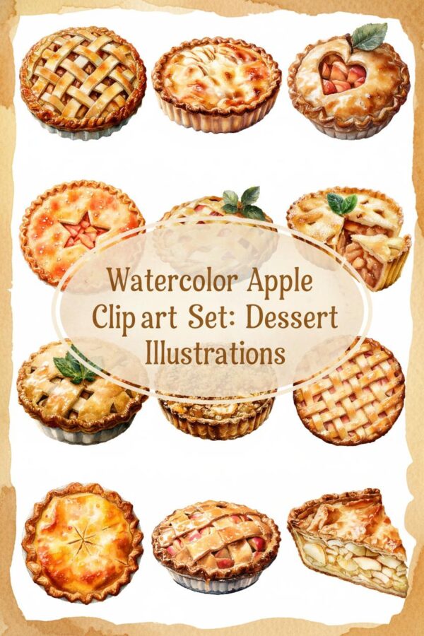 Delicious Watercolor Apple Pie Clip Art Set - apple, pie, dessert