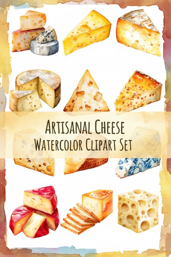 Artisanal Cheese Watercolor Clipart Set - Gourmet Delights - cheese, food, gourmet