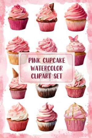 Pink Cupcake Watercolor Clipart Set - cupcake, pink, dessert