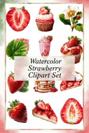 Fresh Strawberry Delights Watercolor Clipart Set - strawberry, fruit, cupcake