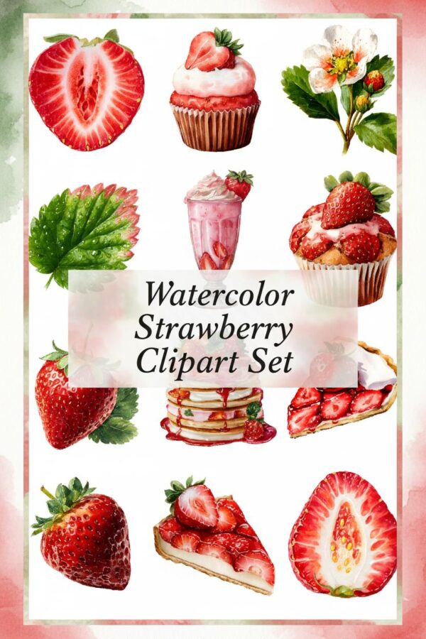 Watercolor Strawberry Treats & Elements Clipart Fresh Strawberry Delights Watercolor Clipart Set - strawberry, fruit, cupcake