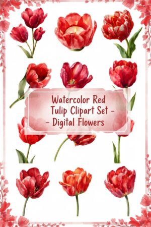 Vibrant Red Tulip Watercolor Clipart Collection - tulip, flower, red