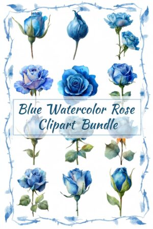 Vibrant Blue Rose Watercolor Clip Art Collection - rose, blue, flower