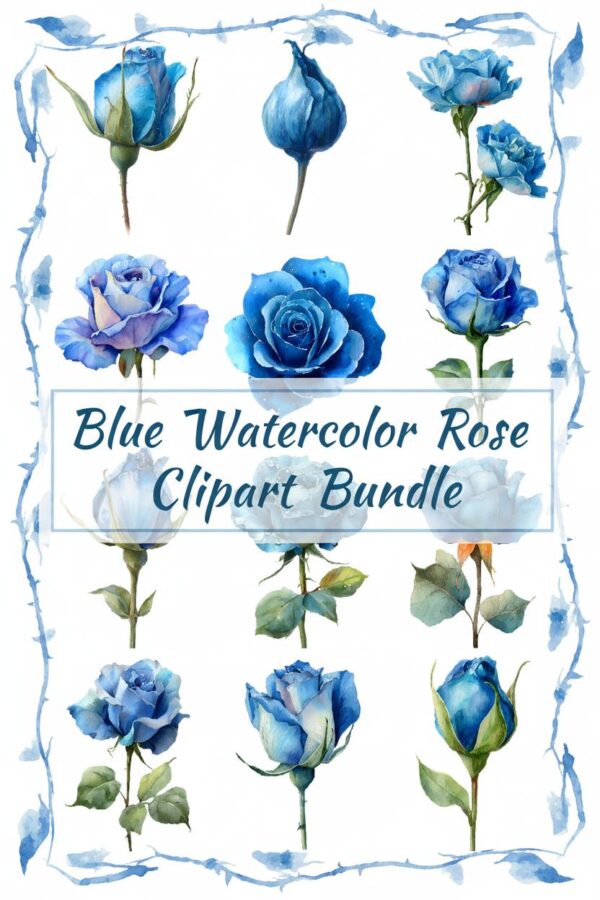 Vibrant Blue Rose Watercolor Clip Art Collection - rose, blue, flower