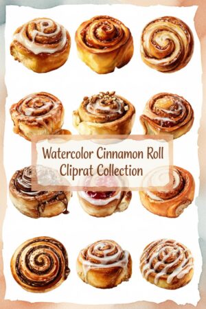 Delicious Cinnamon Rolls Watercolor Clip Art Collection - cinnamon, roll, bun