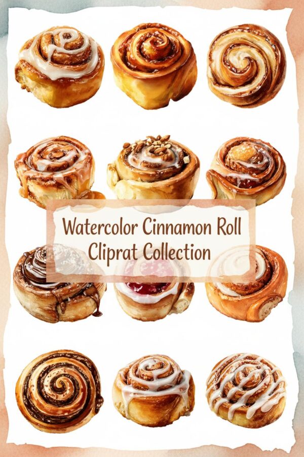 Delicious Cinnamon Rolls Watercolor Clip Art Collection - cinnamon, roll, bun